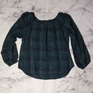 LOFT Teal Plaid Blouse with Gold Highlights